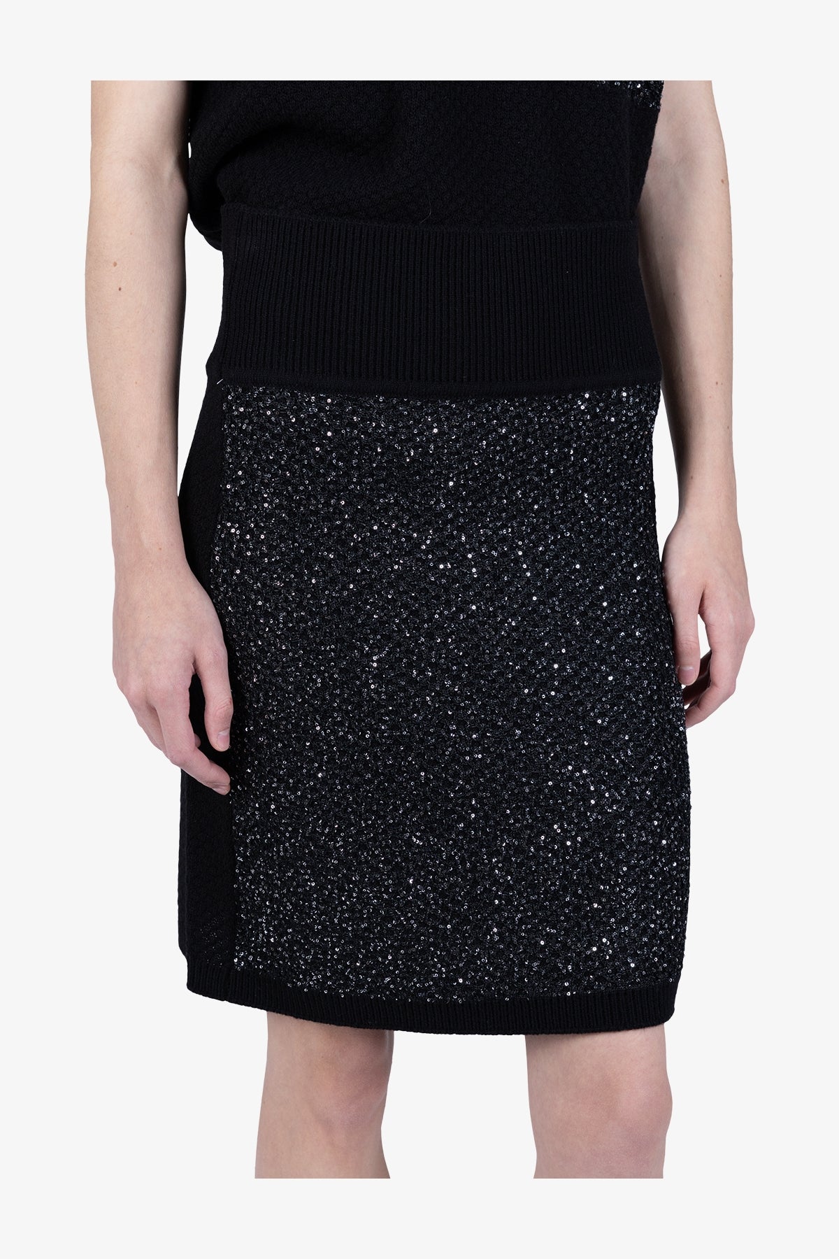 微閃粗眼針織拼接鬆緊腰半身裙