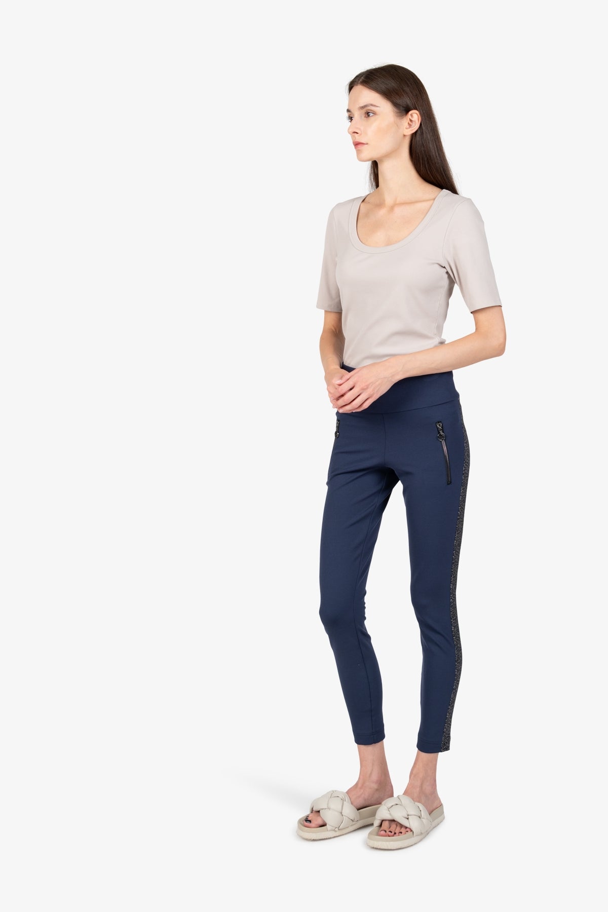 豹紋側飾邊拉鏈口袋緊身褲