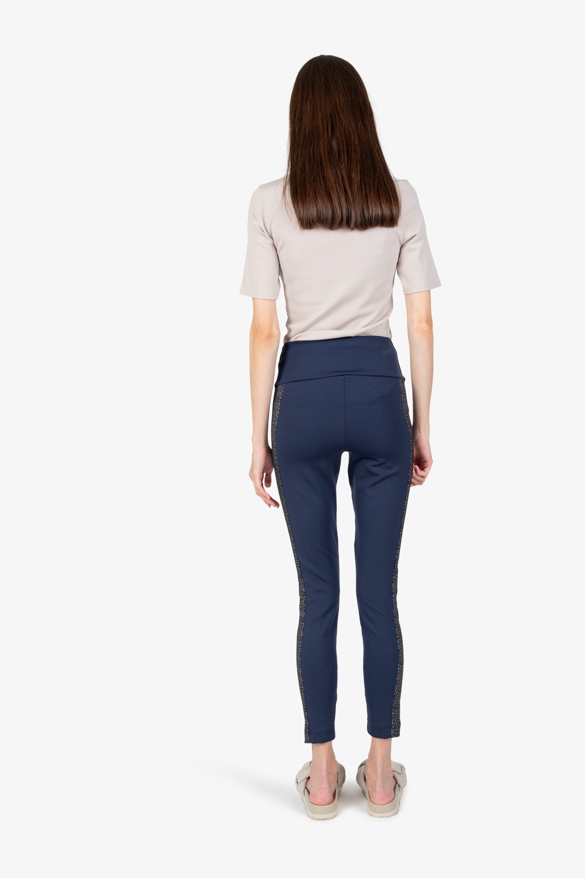 豹紋側飾邊拉鏈口袋緊身褲