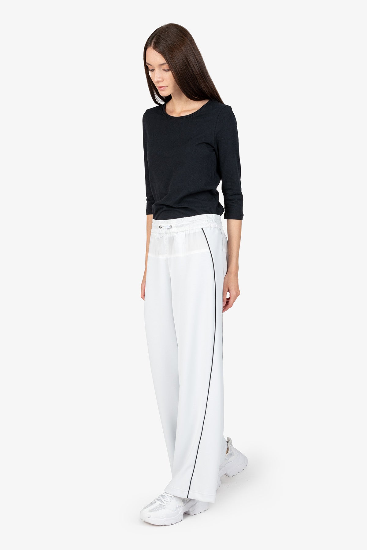 抽繩腰撞色鑲邊闊腿褲