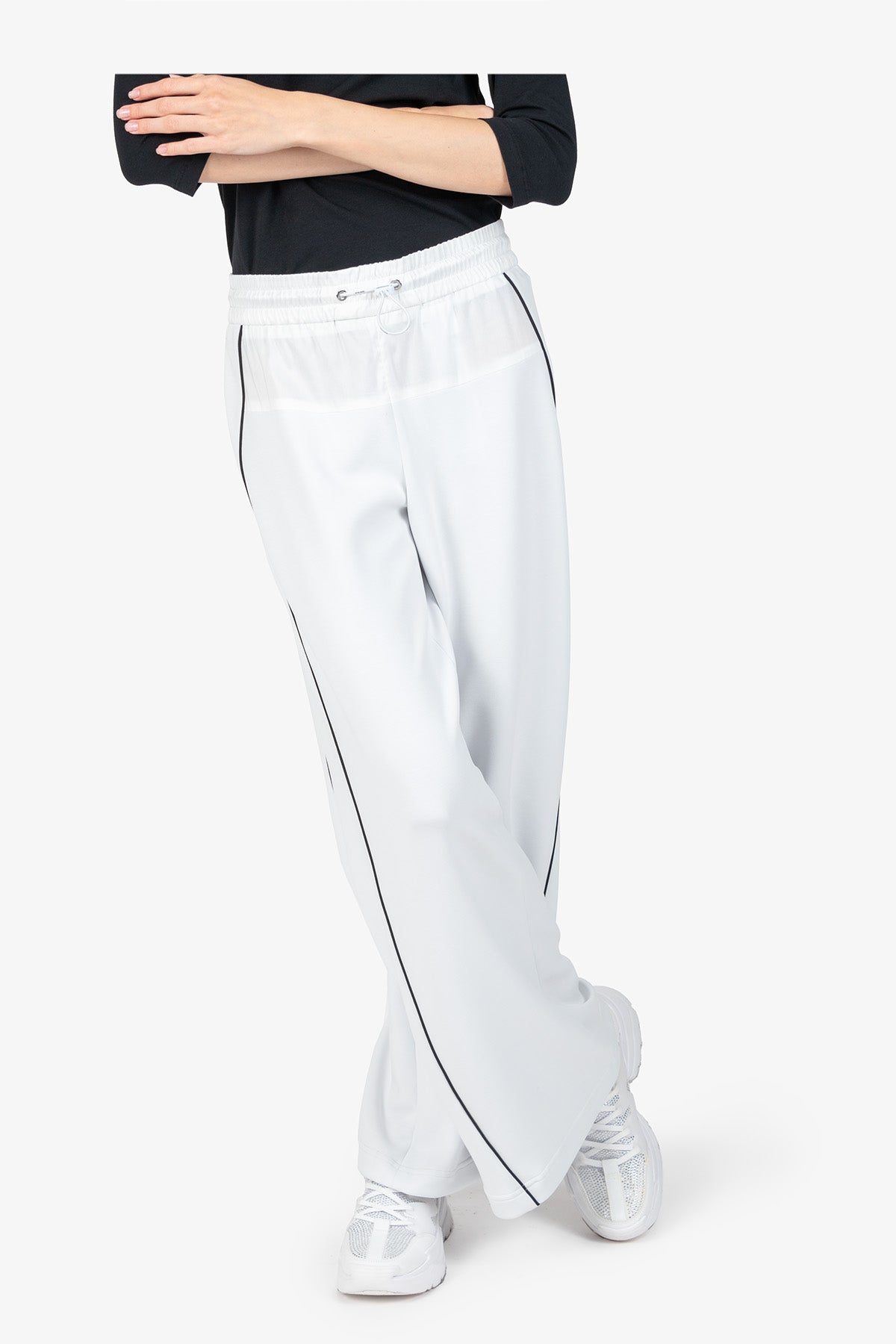 抽繩腰撞色鑲邊闊腿褲