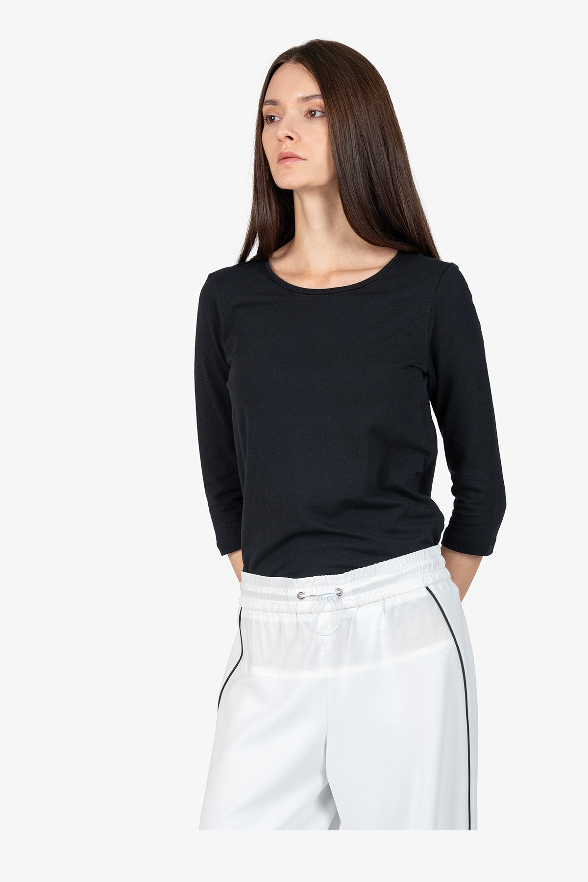 抽繩腰撞色鑲邊闊腿褲