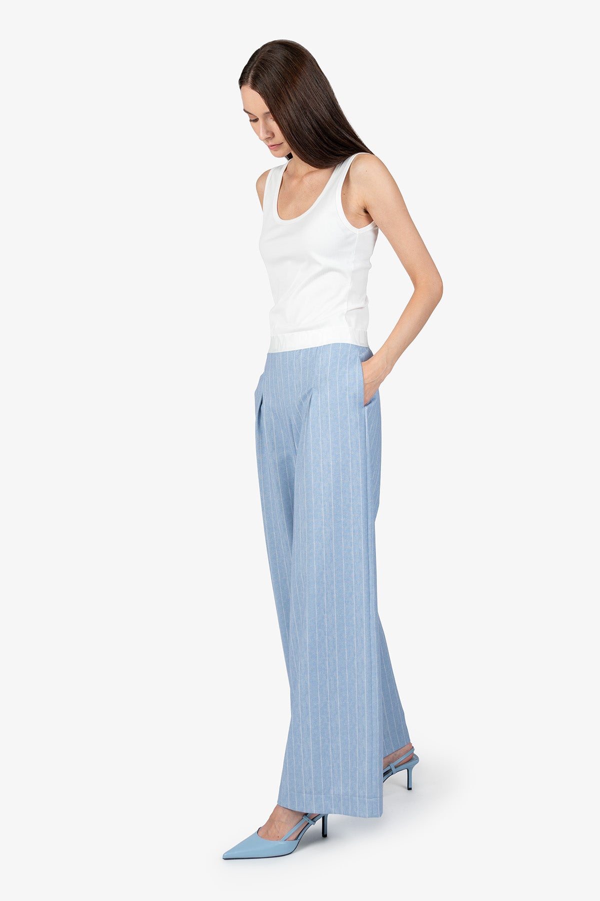 鬆緊腰條紋闊腿長褲