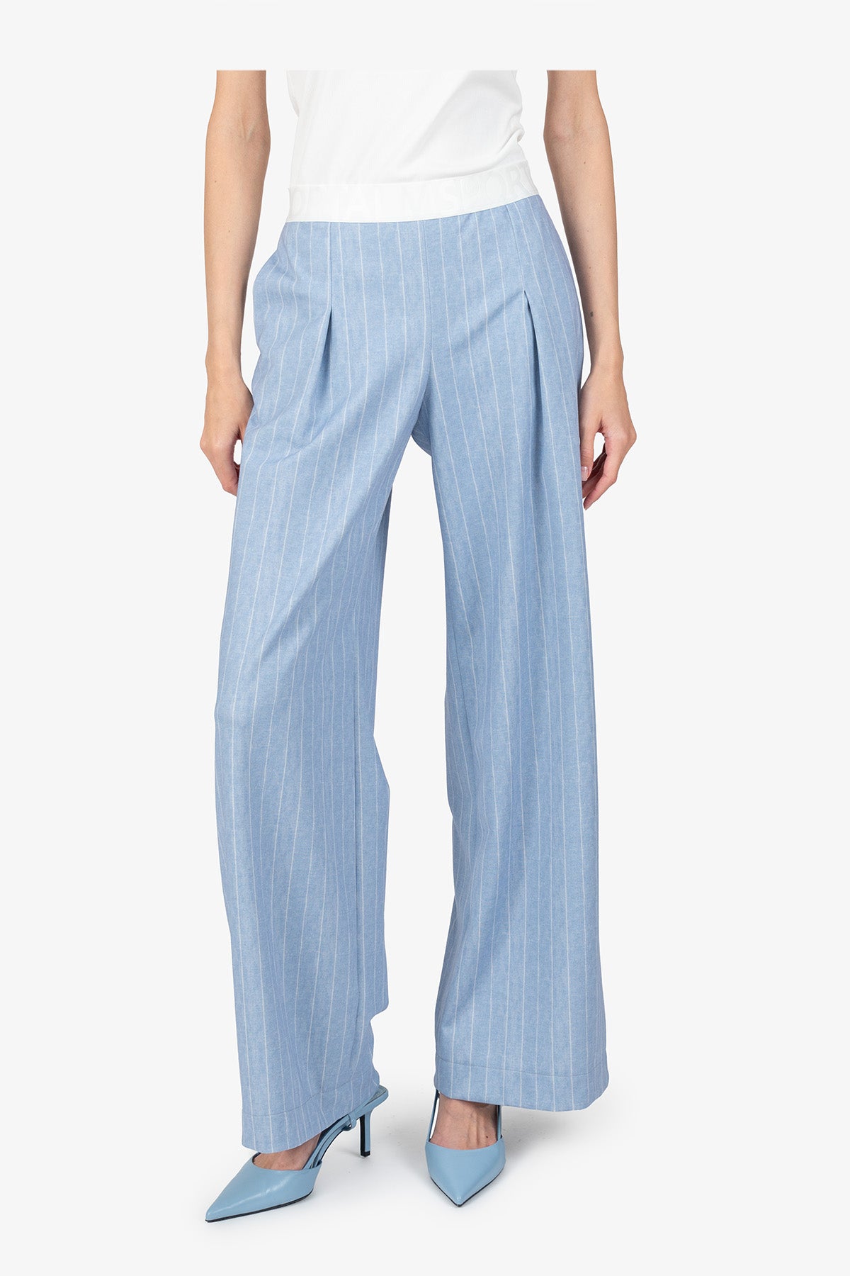 鬆緊腰條紋闊腿長褲