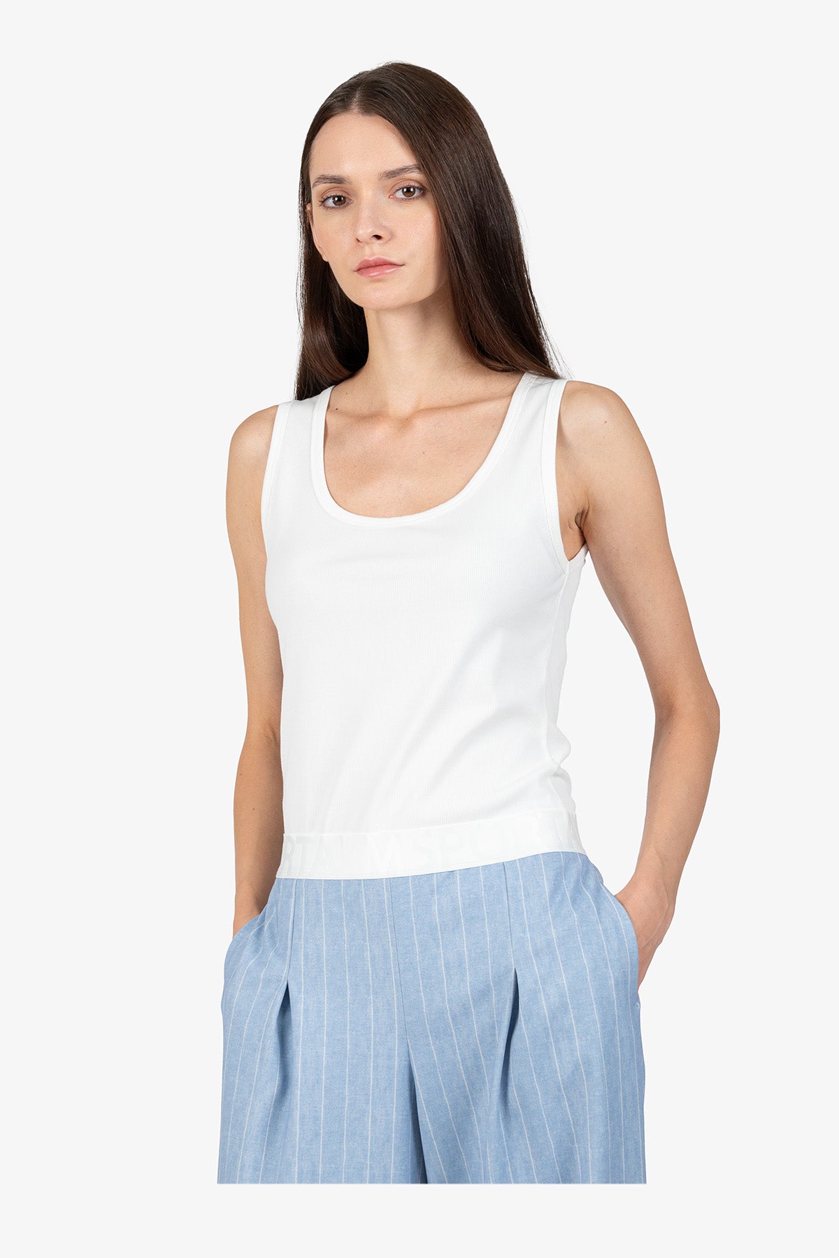 鬆緊腰條紋闊腿長褲