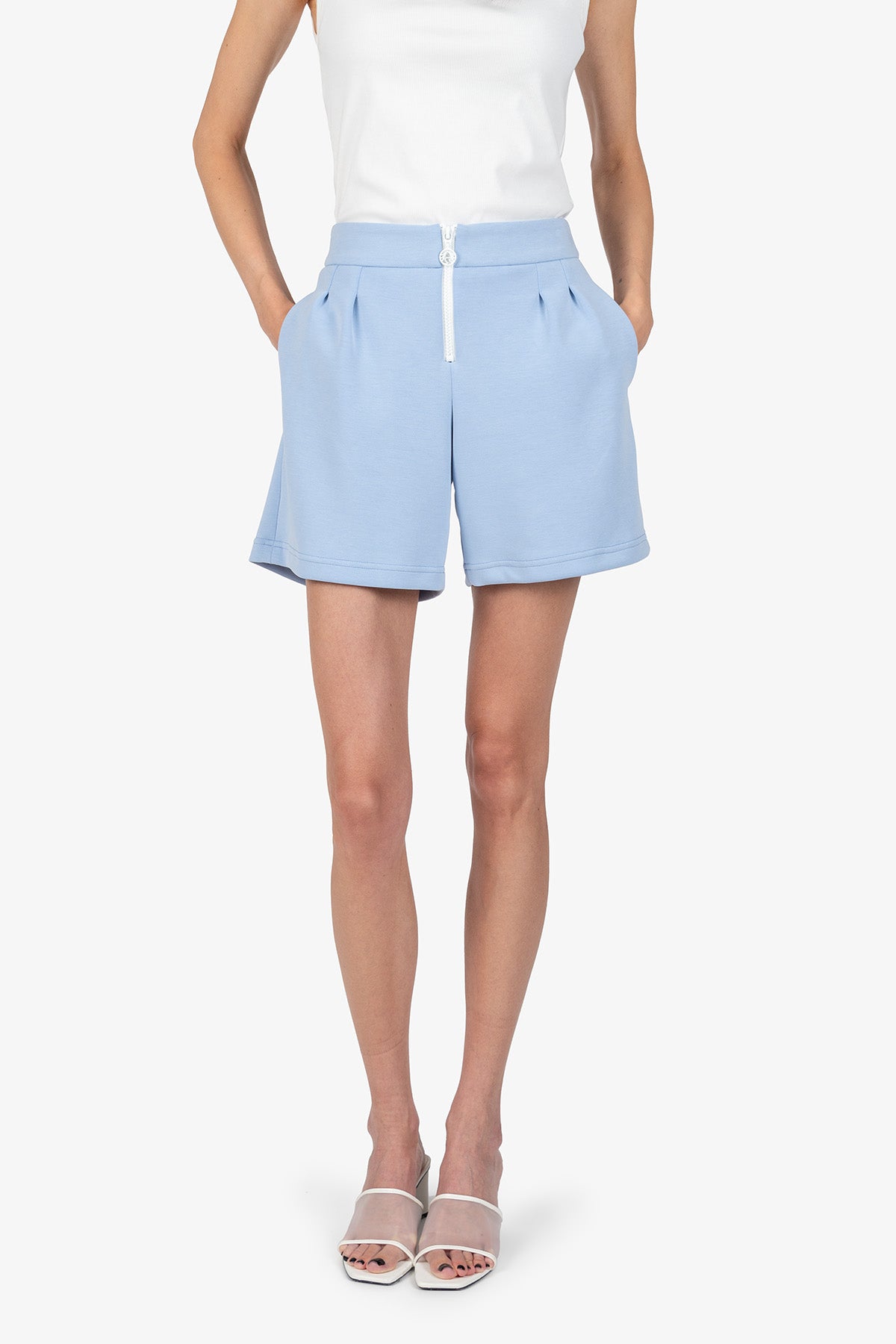 針織飾帶拼接拉鏈短褲