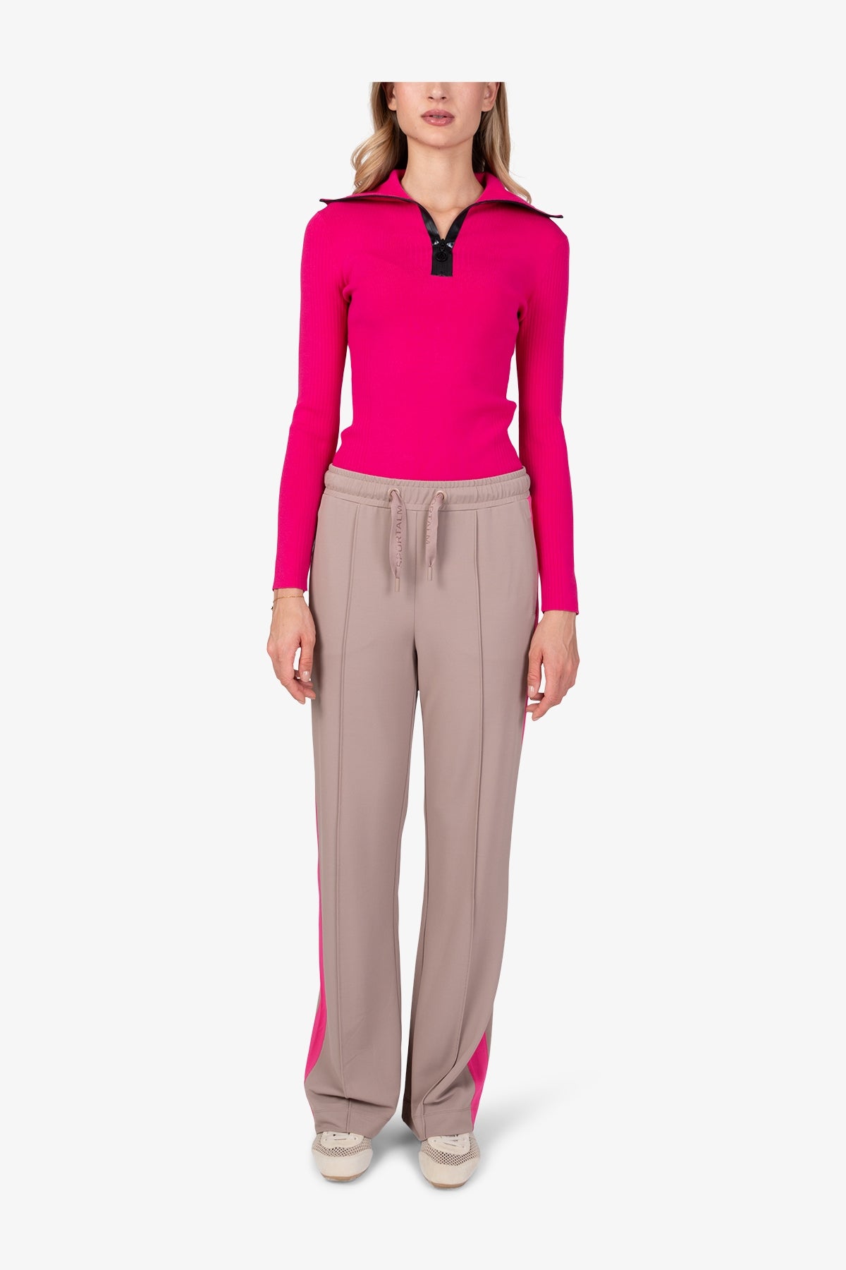 抽繩鬆緊腰撞色側飾邊闊腿褲