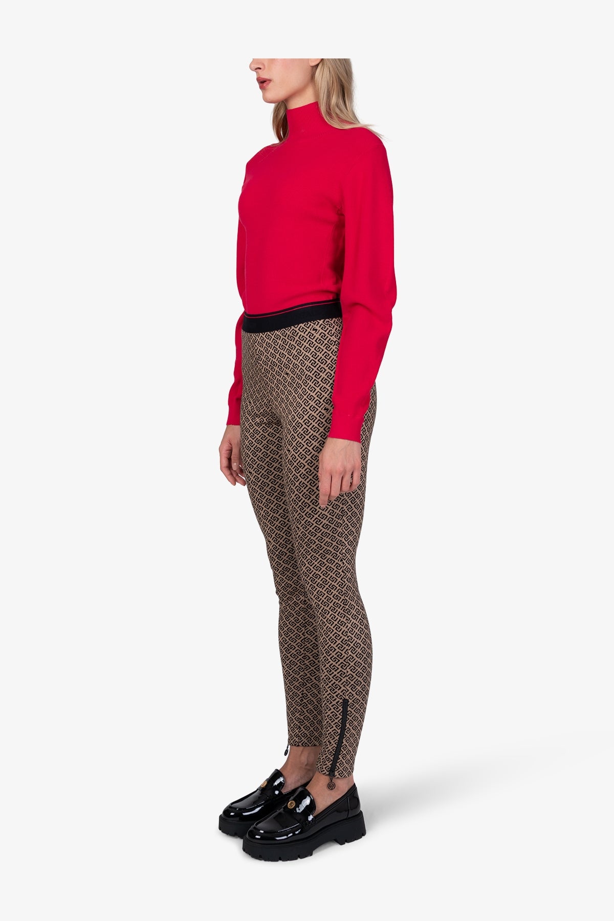 幾何提花圖案鬆緊腰修身長褲