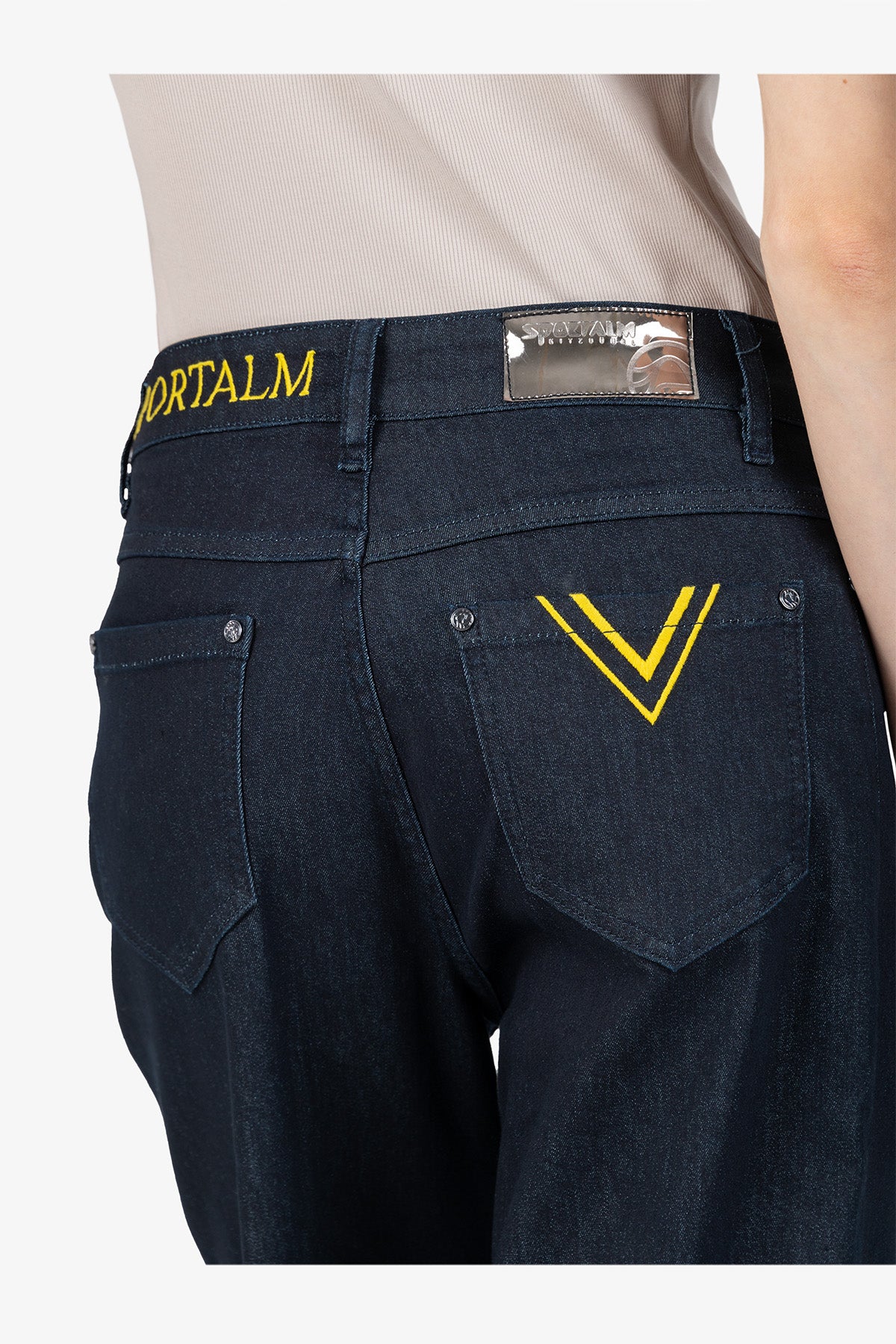 撞色刺繡圖案牛仔長褲