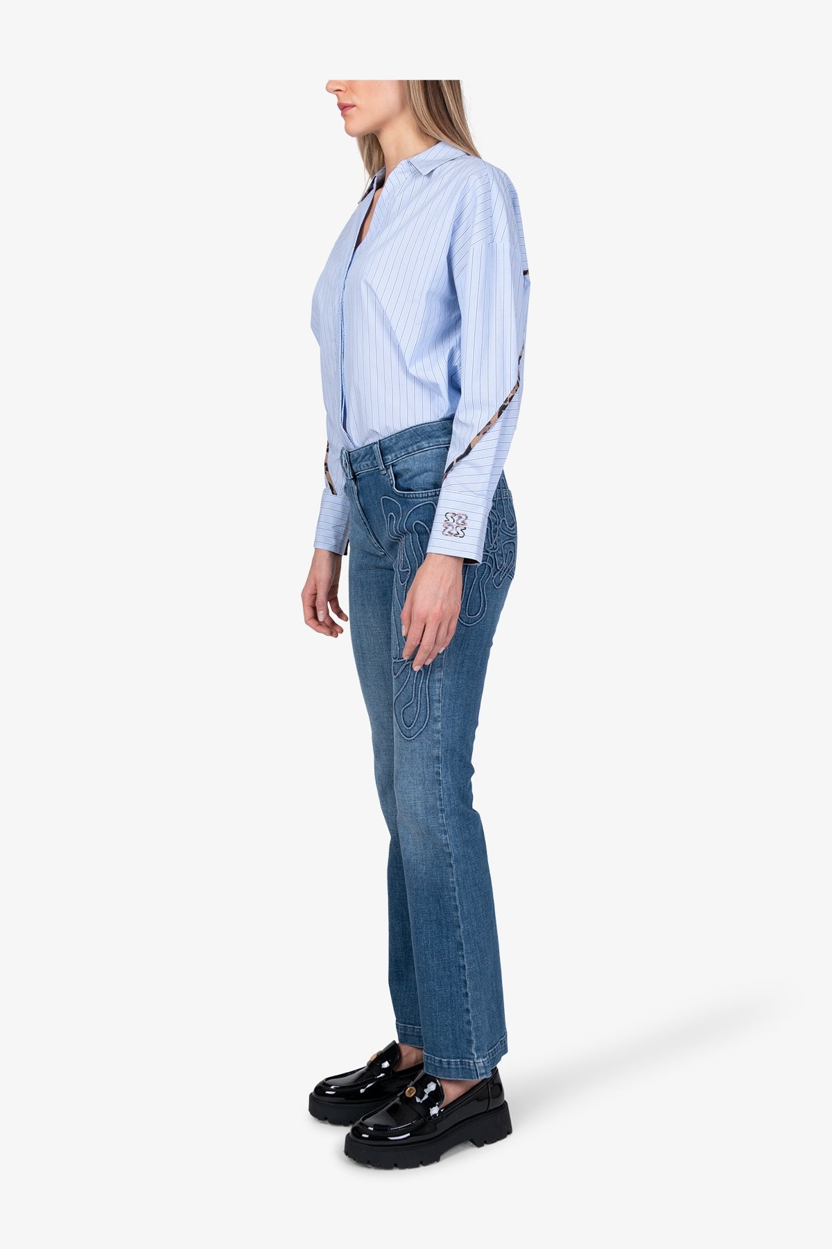 豹纹贴布绣洗水牛仔裤