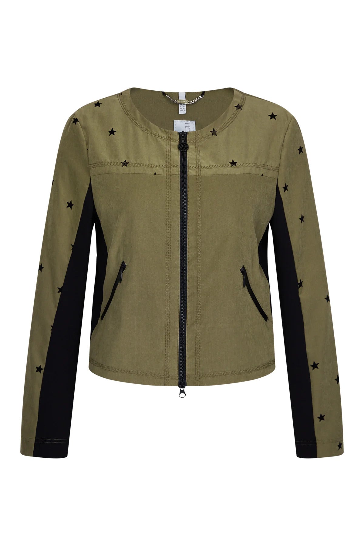 圆领植绒印花拼接夹克