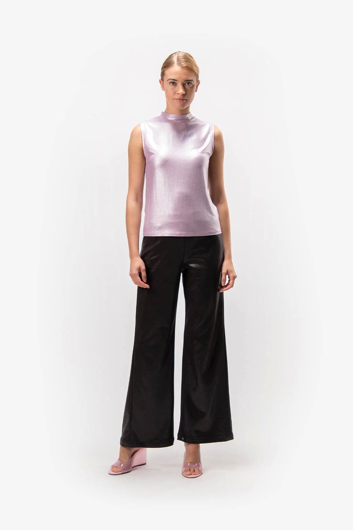 Logo松紧腰光泽阔腿裤