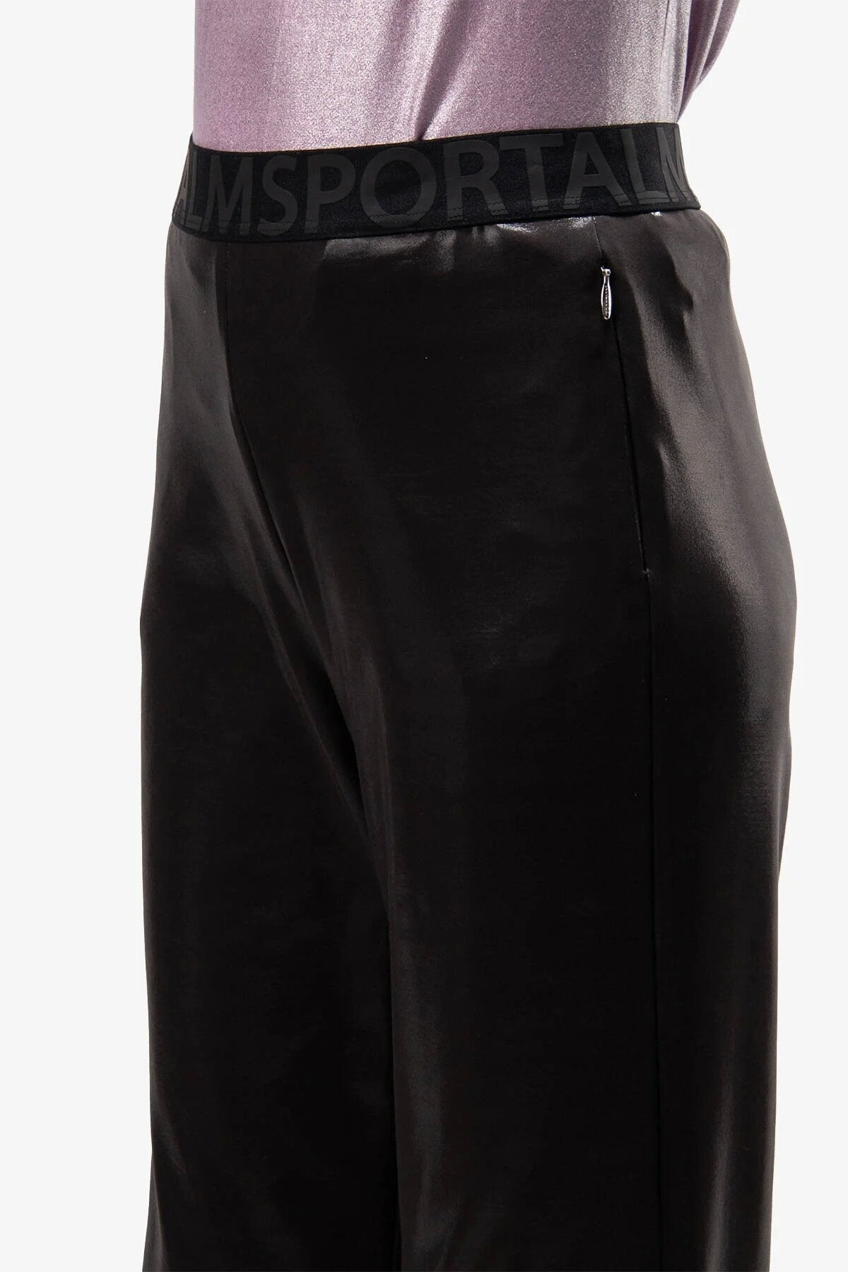 Logo松紧腰光泽阔腿裤